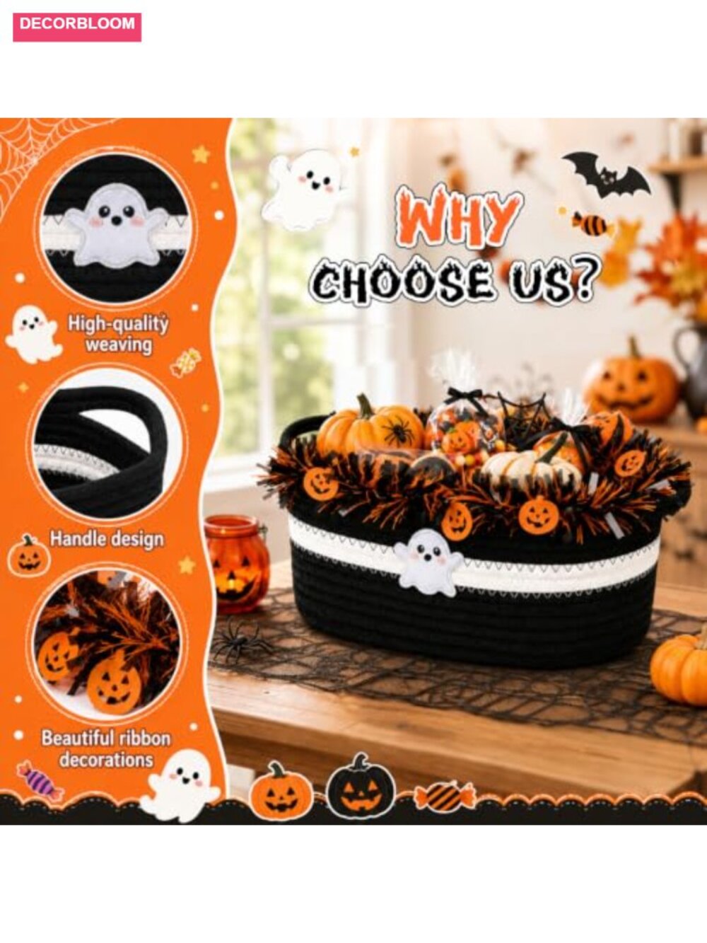 Halloween Boo Basket Empty Gift Basket Cotton Rope with Ribbon Bag Bow - Picture 4 of 5